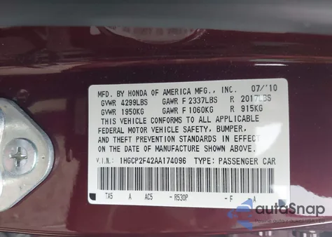 2010 Honda Accord 2.4 Lx-P from USA, damaged, VIN 1HGCP2F42AA174096